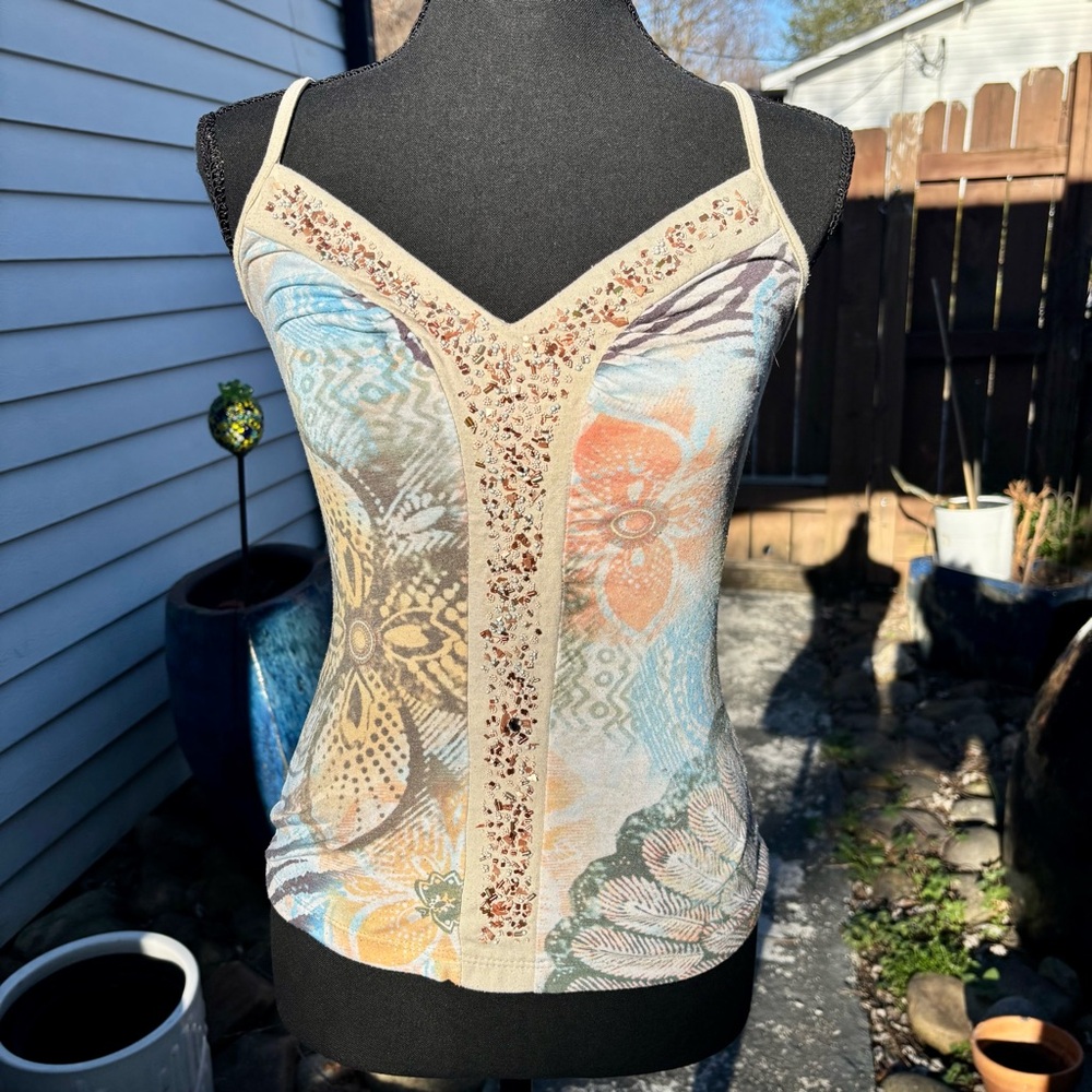XOXO Vintage Nude Beaded Tank Top Floral Print Y2K Size Medium - Picture 2 of 16